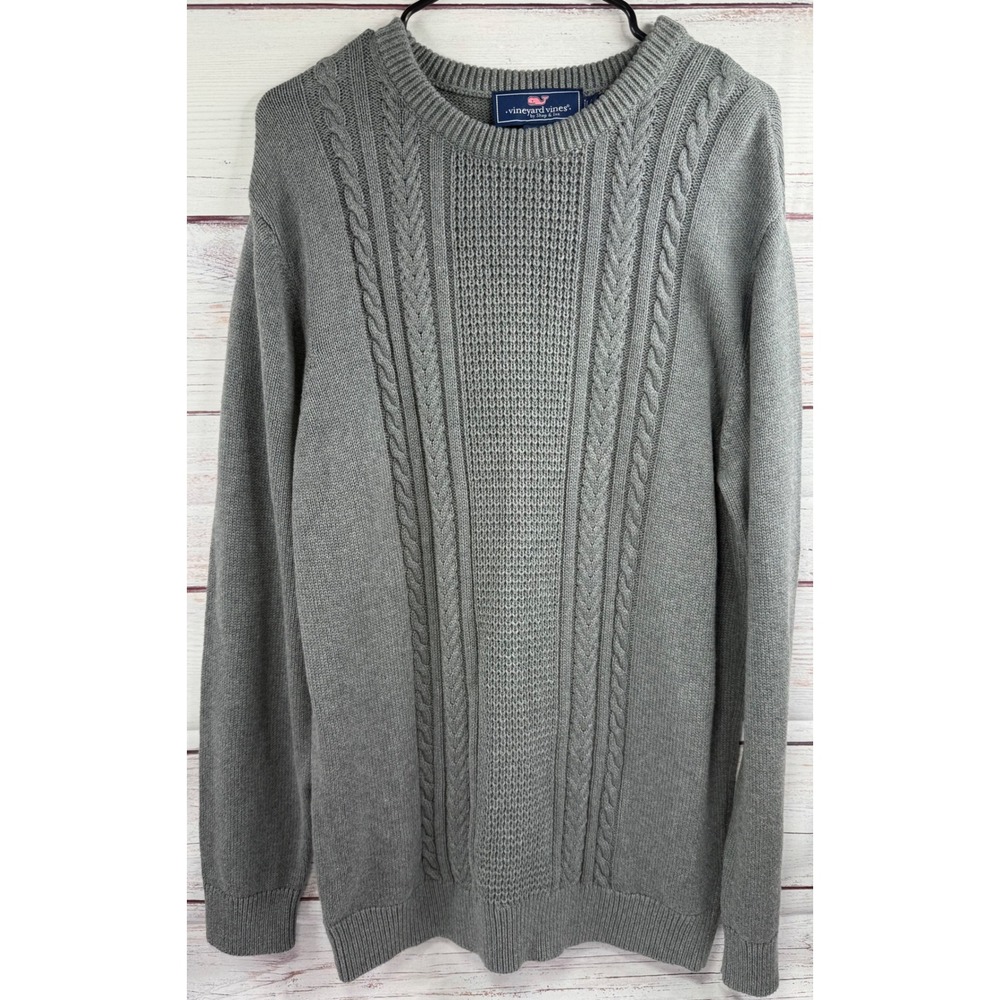 Vineyard‎ Vines Mens Large Gray Cotton Cable Knit Crewneck Sweater Mixed Stitch